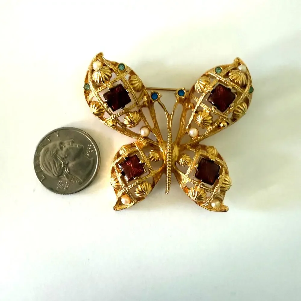 Vintage 1970s Avon Gold Jeweled Boho Butterfly Brooch Pin - Picture 5 of 8